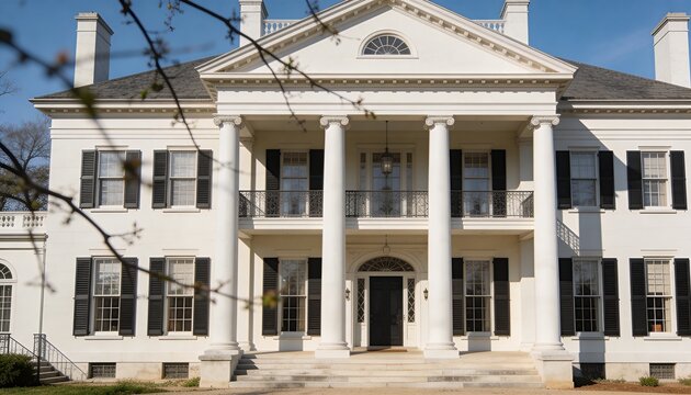 Featuring neoclassical mansion facade at estate entrance, showing four columns, arched transom