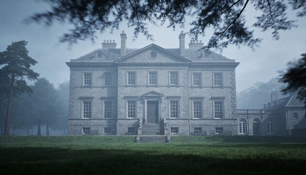 Standing Georgian-style stone manor centered on country lawn, showing entrance steps, windows, mist