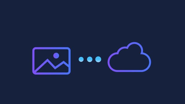 Animated motion graphics of a computer monitor icon connecting to a smartphone via pulsing dots. Concept of cross-platform synchronization, device tethering, and data sharing on dark blue.