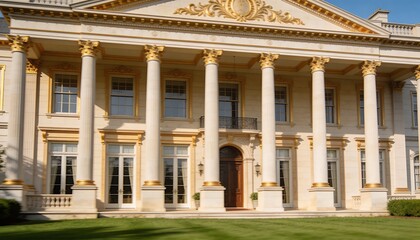 Obraz premium Showcasing neoclassical building facade standing on manicured lawn, with columns, arched door