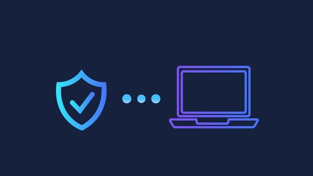 Animated motion graphics of a computer monitor icon connecting to data server racks via pulsing dots. Concept of remote server management, desktop data access, and hosting on a dark background