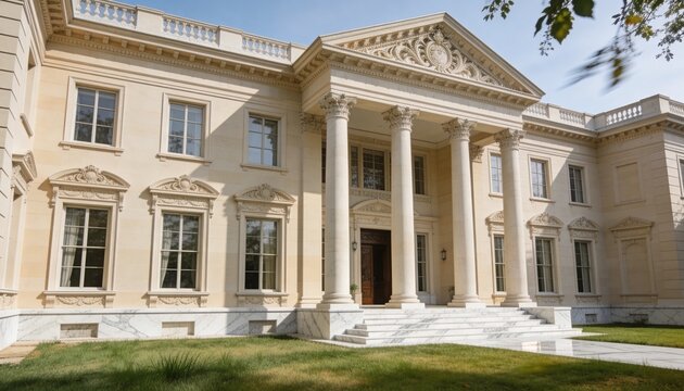 Framing front entrance showing four Corinthian columns pediment sash windows marble path at estate