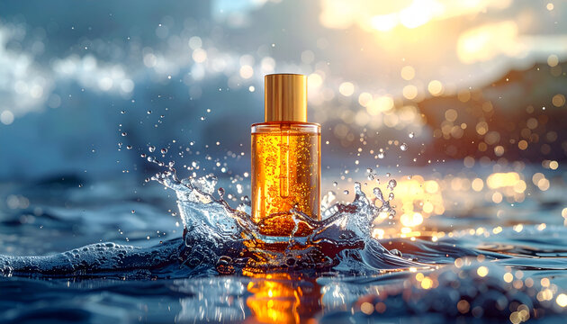 Luxury Perfume Bottle Splashing in Ocean Water with Golden Sunlight.