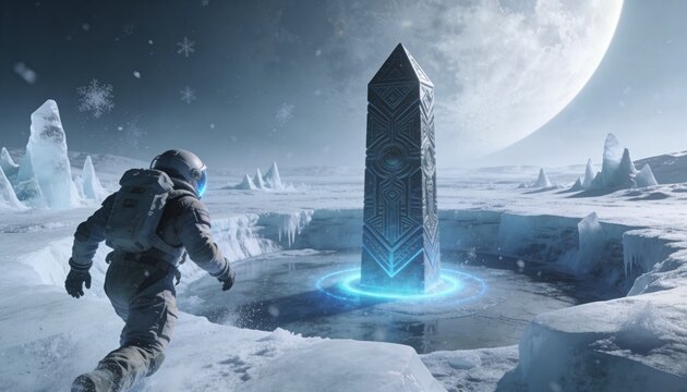 Walking suited astronaut with pack crossing frozen plain to carved obelisk, with glowing blue ring