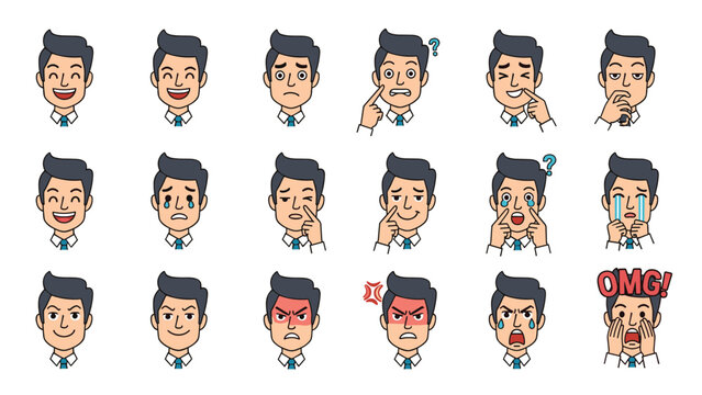 Versatile collection of a male office worker face icons showing a wide range of emotions from happy and sad to angry, surprised, and confused.