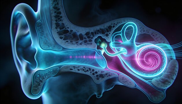 Showing 3D ear cross-section highlighting ossicles, cochlea spiral, bone in medical illustration