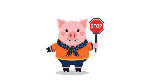 Friendly pink cartoon pig wearing a colorful sweater and scarf while holding a red octagonal stop sign to promote safety and financial caution.