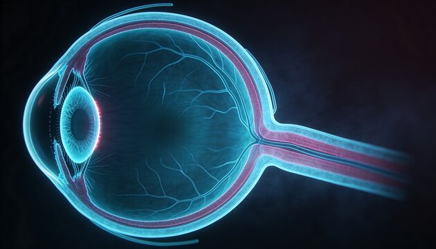 Showing sliced eye revealing internal layers on dark gradient, with cornea lens retina optic nerve
