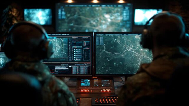 Drone operator controlling a combat drone inside a dark military control room, surrounded by glowing monitors and tactical data, representing modern warfare technology and remote battlefield operation