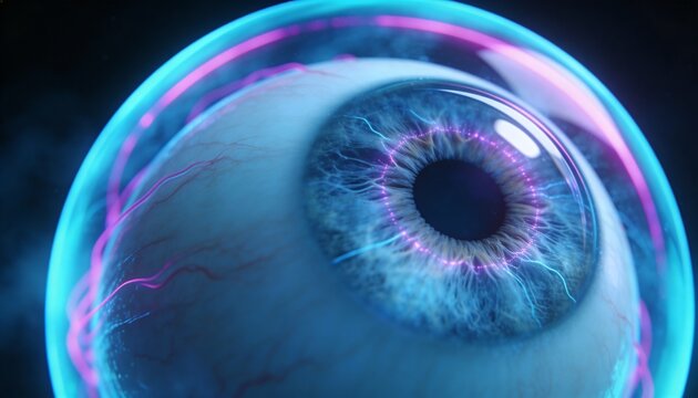 Glowing human eye showing electric filaments glossy cornea bubble membrane in dark studio neon rim