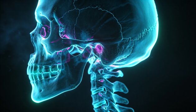 Displaying lateral skull with mandible, teeth glowing in studio, highlighting TMJ and C1-C4