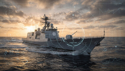 Modern Destroyer Ship with Digital Overlay at Sunset, Sea Power Concept © Екатерина Чумаченко