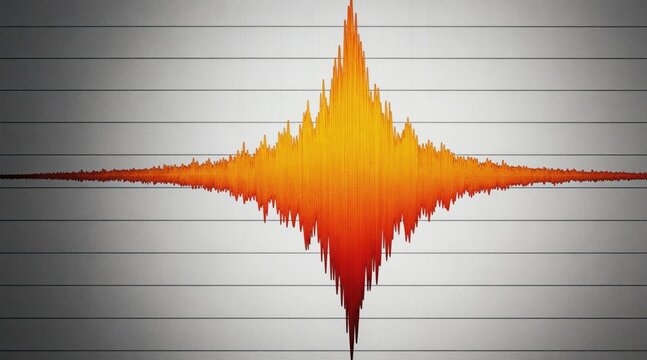 Seismic graph displays high amplitude earthquake wave. Ground motion spikes sharply on Richter scale. Geologic data charts tectonic activity event intensity.