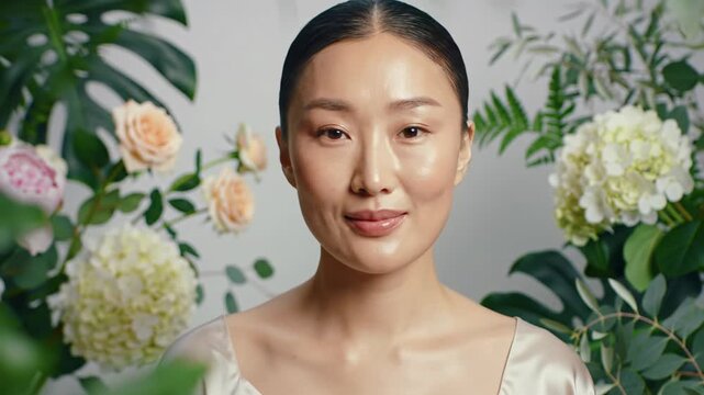 Elegant woman in silk top, framed by lush monstera & peonies, subtly smiles in slow motion under soft light, creamy bokeh. high-end botanical luxury