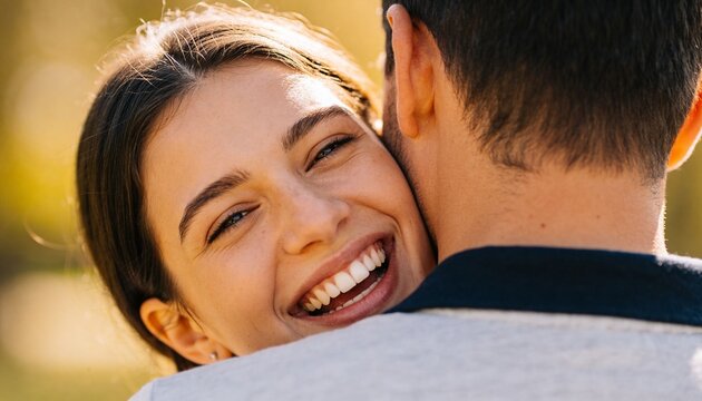 Smiling woman embracing man from front at park in golden light, showing stud earrings, shirt collar