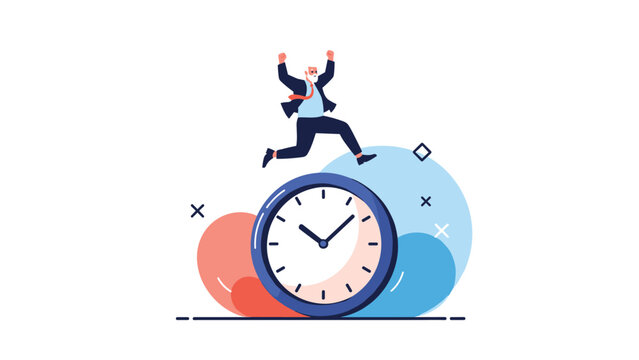 Energetic businessman in a suit jumping over a large blue clock face to represent meeting deadlines and effective time management at work.