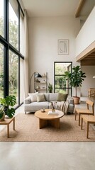 Fototapeta premium Modern minimalist living room interior with morning light