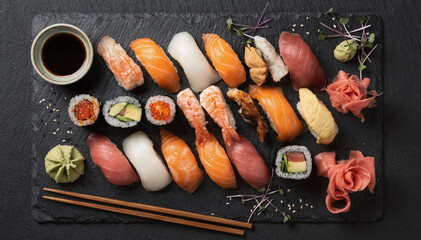 Assorted fresh sushi, sashimi, and maki rolls on a dark slate board © Екатерина Чумаченко