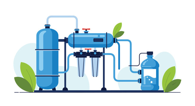 Industrial reverse osmosis water purification system with blue tanks and filters producing clean bottled drinking water.