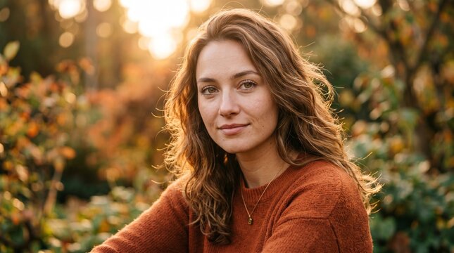 Professional portrait of a woman in golden hour sunlight
