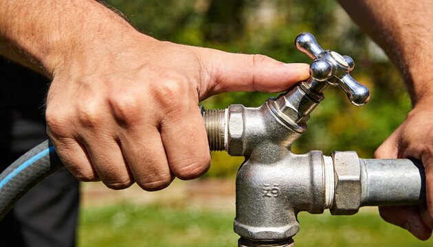 Turning man's hands and forearms connecting garden hose to metal spigot in backyard, blue stripe
