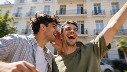 Obraz premium Whispering friends in shirt and olive tee, laughing, raising arm on sunlit street with balconies