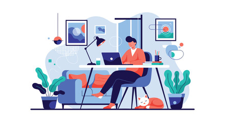 Naklejka premium Productive male freelancer working on laptop at cozy home office setup with cat sleeping and indoor plants for comfort.
