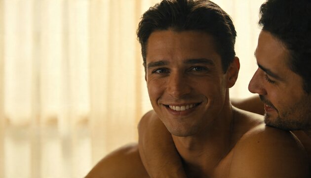 Smiling shirtless man leaning into shirtless partner at home, with sheer curtains and warm light