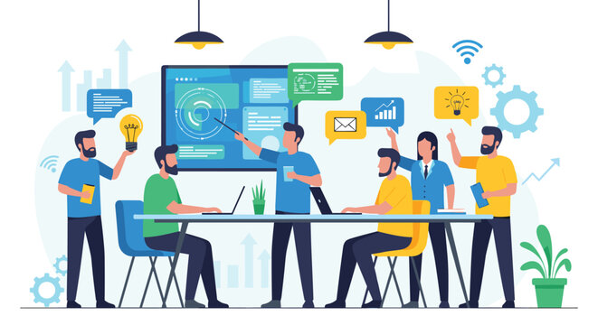 Diverse creative team collaborating during strategic business meeting in modern office using interactive whiteboard and laptops.