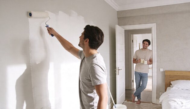 Painting male painter rolling paint with roller in bedroom, bucket, man holding mugs, copy space