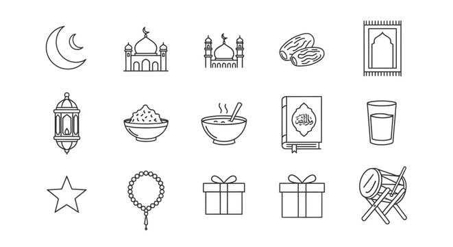 Ramadan Icons: Crescent Moon, Mosque, Dates, Prayer Mat, Lantern, Food, Quran