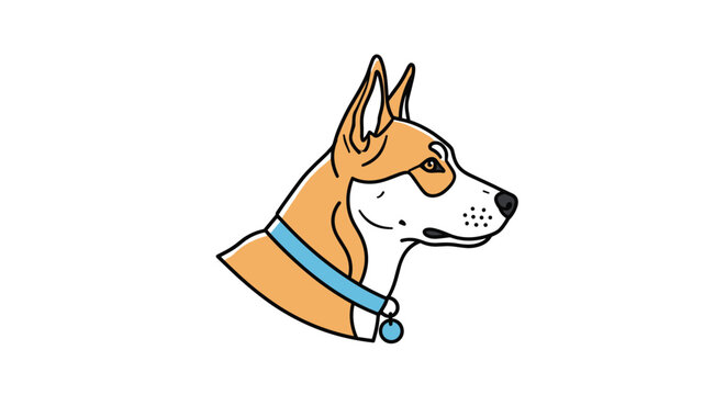 Detailed profile view of Basenji dog head with characteristic erect ears and blue collar isolated on white background.