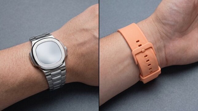 Two wrists showcasing a classic luxury watch and a modern fitness tracker.