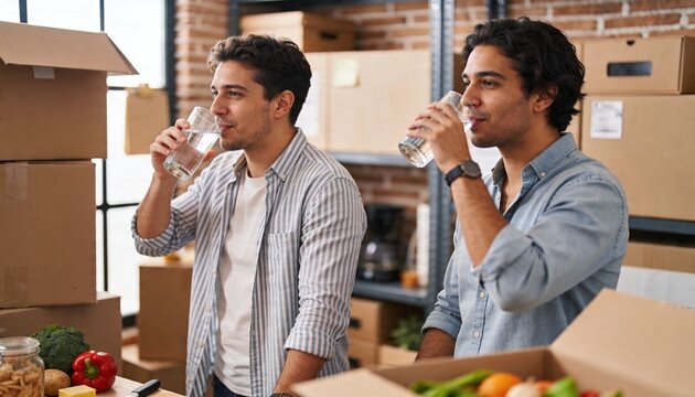 Drinking two men in casual button-down shirts lifting glasses at worktable, with boxes and produce