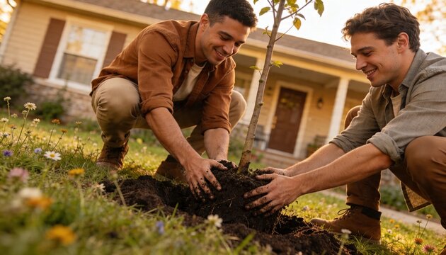Kneeling two men planting sapling rootball on front lawn near porch, in rolled sleeves and boots