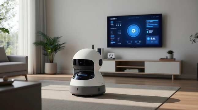 Domestic robot stands on rug in bright living room. Large tv displays smart home interface, showing data about automated systems. Sleek robot seems to interacting with smart home environment. Future