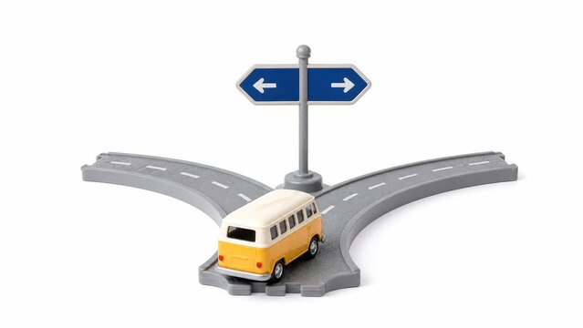 Toy traffic sign representing a choice of two paths styled as a miniature road decision scene with a central signpost a curved road segment leading left and right and a tiny toy bus positioned at the