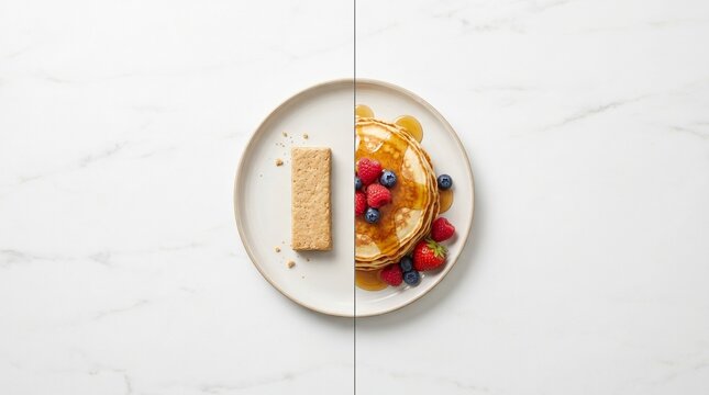 A visual comparison of a plain biscuit and a stack of elaborate pancakes.