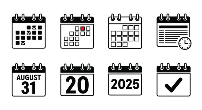 Collection of calendar icons representing dates, planning, and time management with various designs and formats for organizational purposes