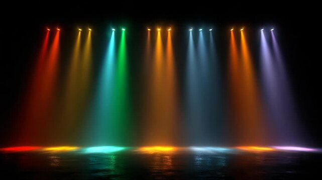 Blank stage with colorful spotlights, vibrant lighting setup on an empty platform, dramatic atmosphere for performance or presentation concept