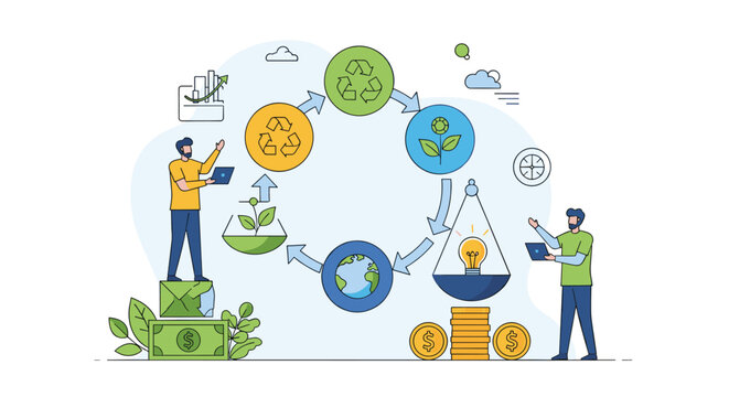 Infographic depicting sustainable circular economy cycle with people managing renewable energy recycling and financial growth icons.