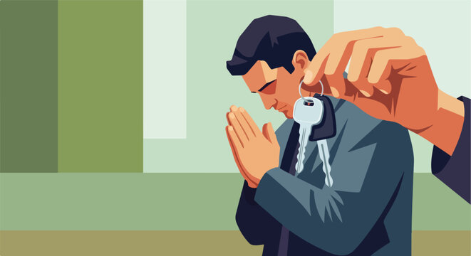 A man in a suit prays with hands together while keys dangle in the foreground
