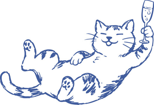 Hand-drawn cat illustration holding champagne glass, blue ink sketch of happy feline celebrating, whimsical pet character vector for party invitations