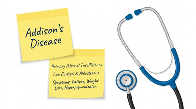 Medical illustration of addison's disease symptoms with stethoscope and notes on white background