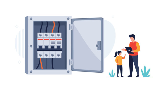Father showing his daughter an open electrical fuse box while holding a tablet computer representing home safety education.