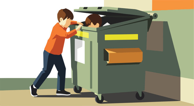 A young boy leans into a large green dumpster while another child looks inside