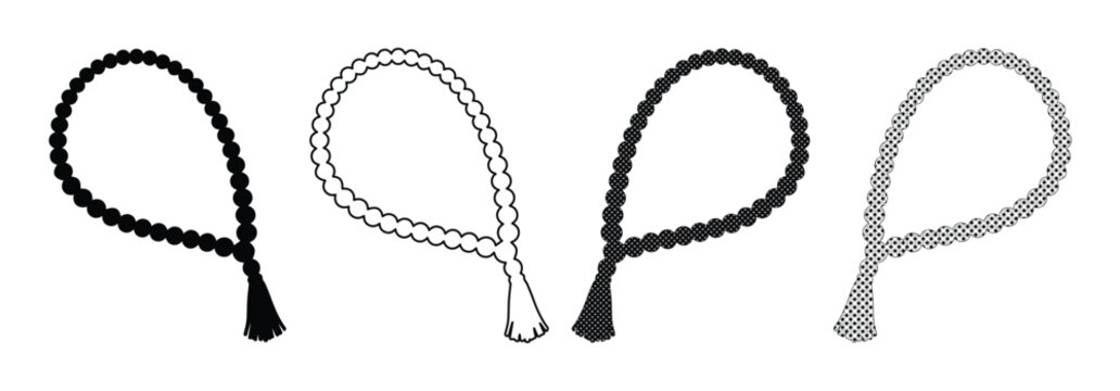 Tasbih prayer beads vector icon set, Islamic rosary for meditation, spiritual practice, and religious devotion. Muslim prayer beads in black, outline, and gray variations