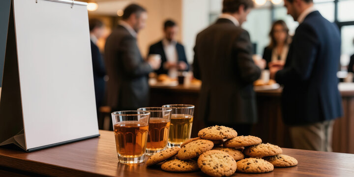 Business people networking at conference coffee break. Glasses with amber liquid and stack of chocolate chip cookies sit on wooden table. Blank white easel stands ready for info.