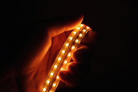 Person holds glowing orange LED strip light. Flexible ribbon with small diodes illuminates in darkness. Modern electrical tape with bright, warm glow.