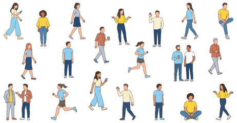 Fototapeta premium Diverse people walking and standing in various poses | Flat vector illustration of men and women performing daily activities | Professional CAD blocks